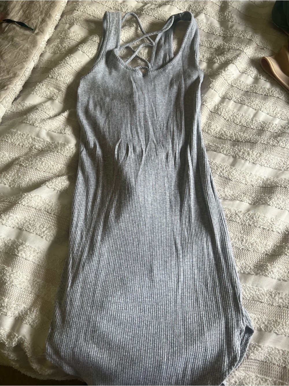 Ambiance Light Gray Ribbed Midi Dress with Crisscross Back